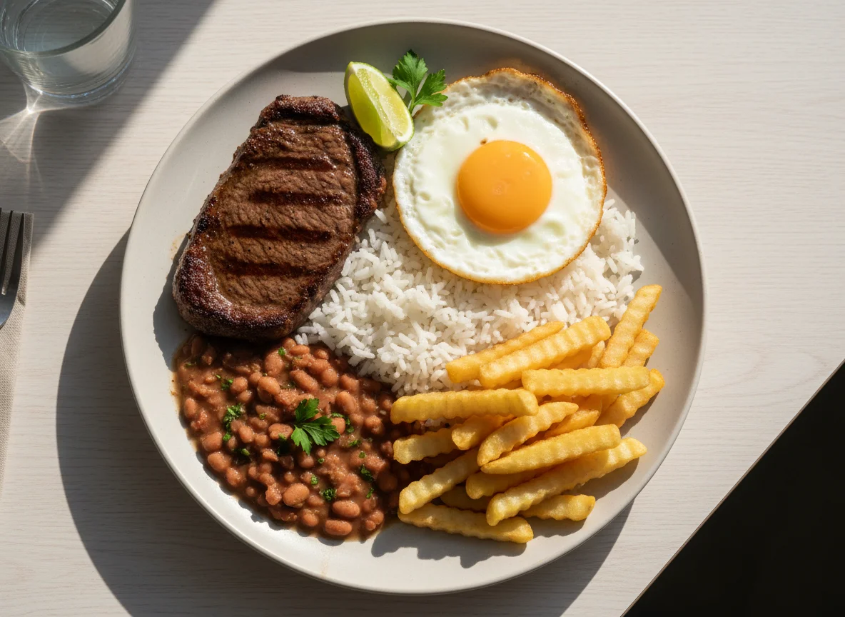 Prato feito com bife, ovo frito, arroz, feijão e batata frita photo
