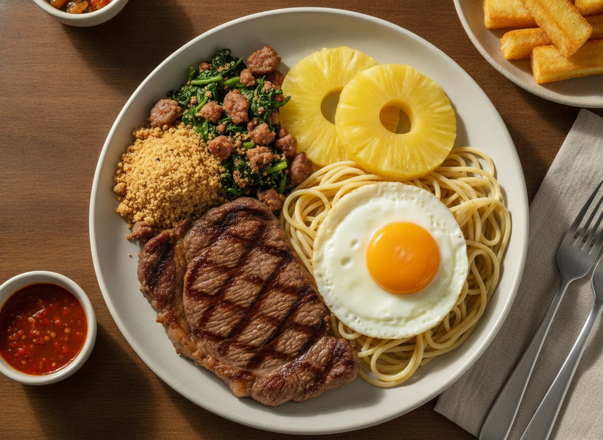 Prato Feito com Bife, Ovo, Macarrão e Abacaxi photo