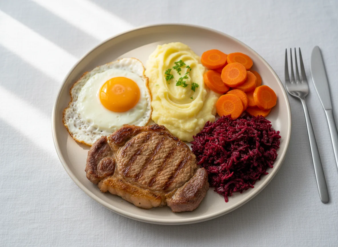 Prato feito com bife, ovo, purê de batata, cenoura e beterraba photo