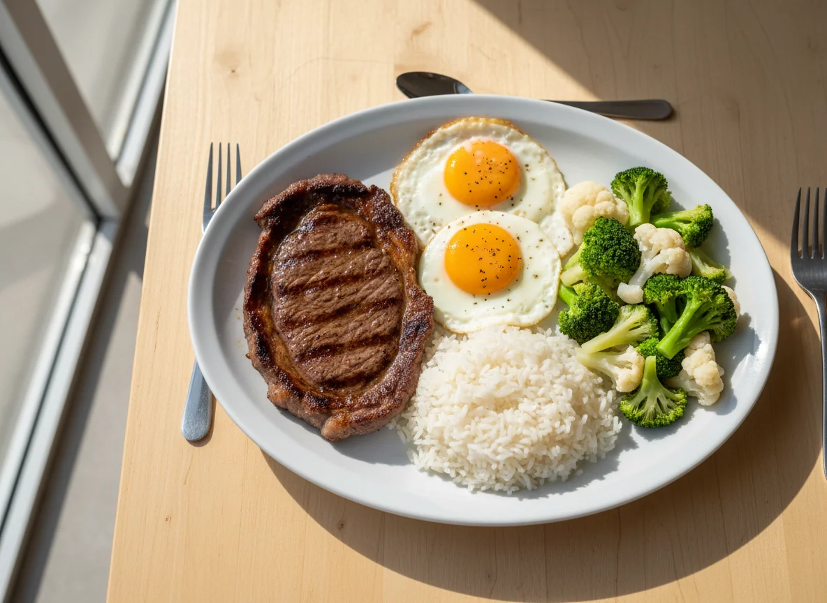 Prato feito com bife, ovos, arroz e legumes photo