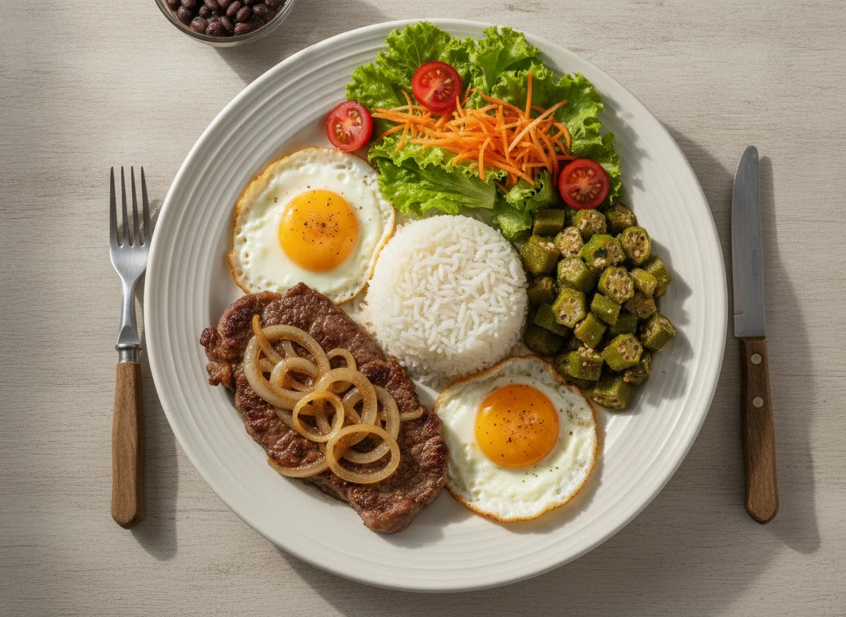 Prato Feito com Bife, Ovos e Quiabo photo