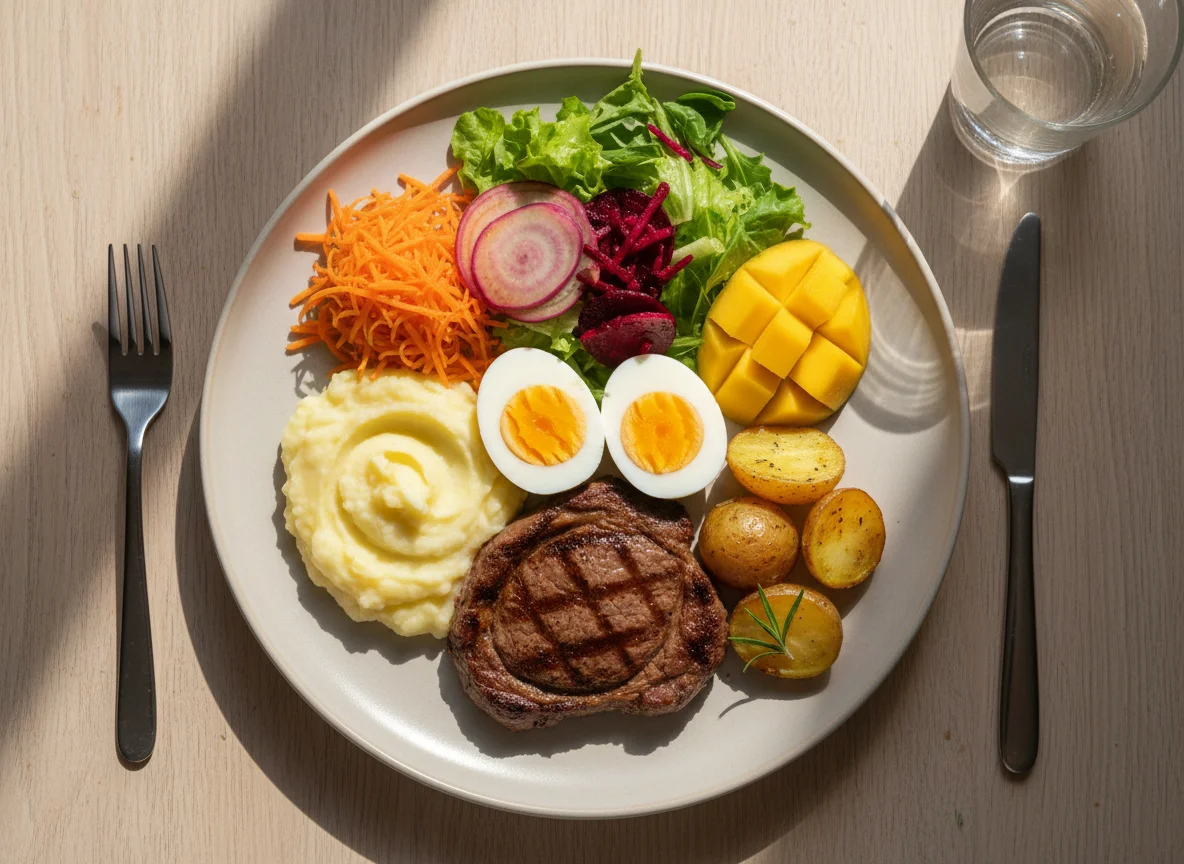 Prato feito com bife, ovos e salada variada photo