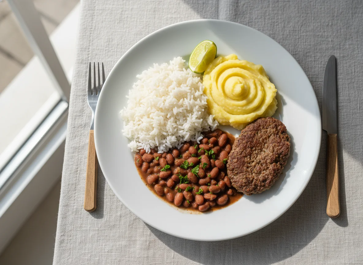 Prato feito com bife, purê, arroz e feijão photo