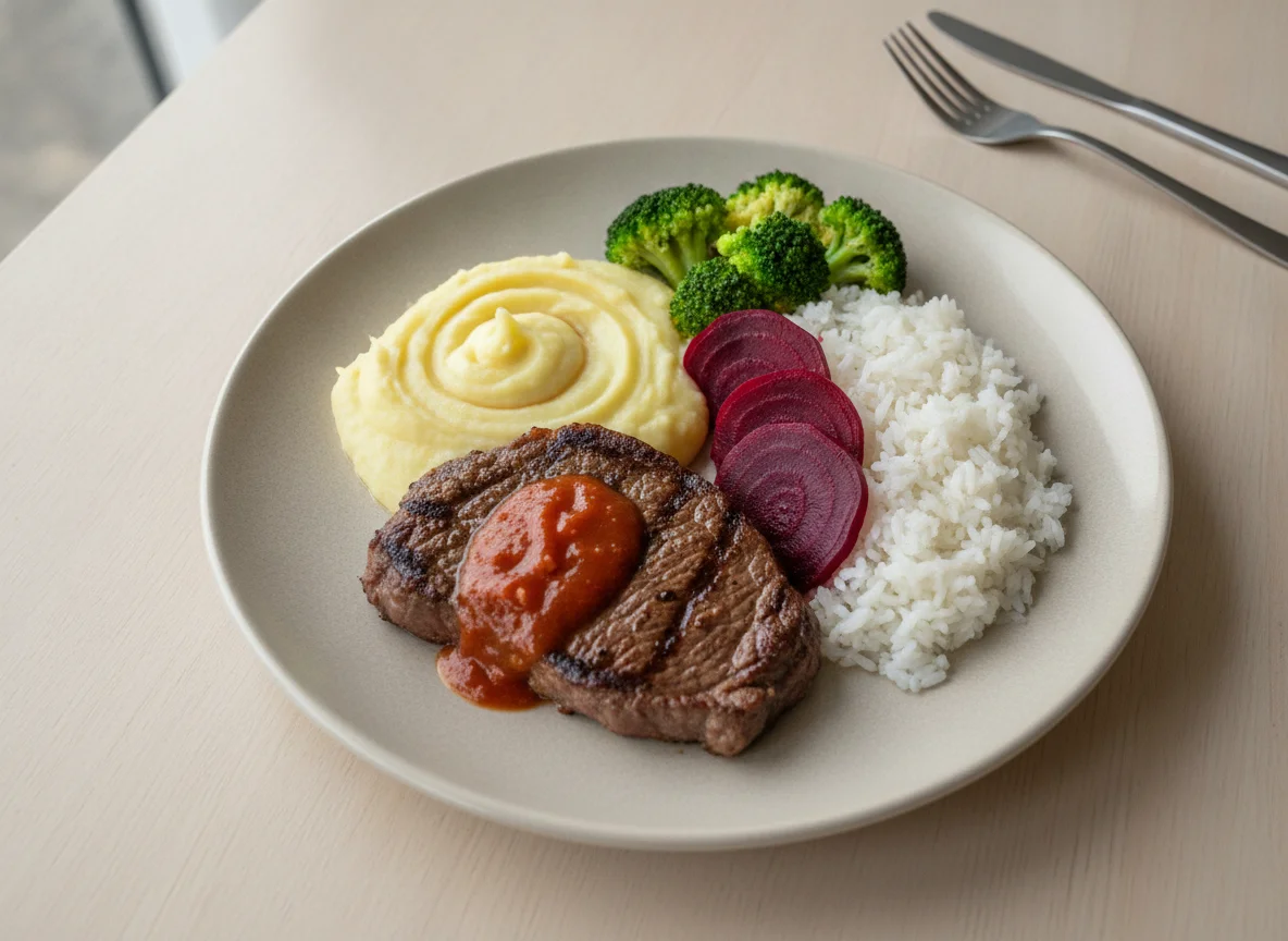Prato feito com bife, purê de batata, arroz, beterraba e brócolis photo