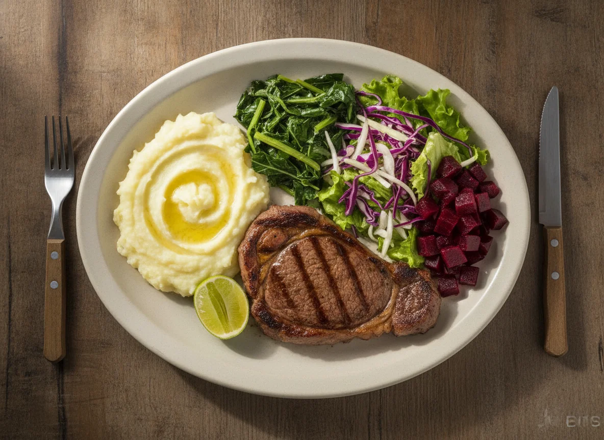 Prato feito com bife, purê de batata e salada mista photo