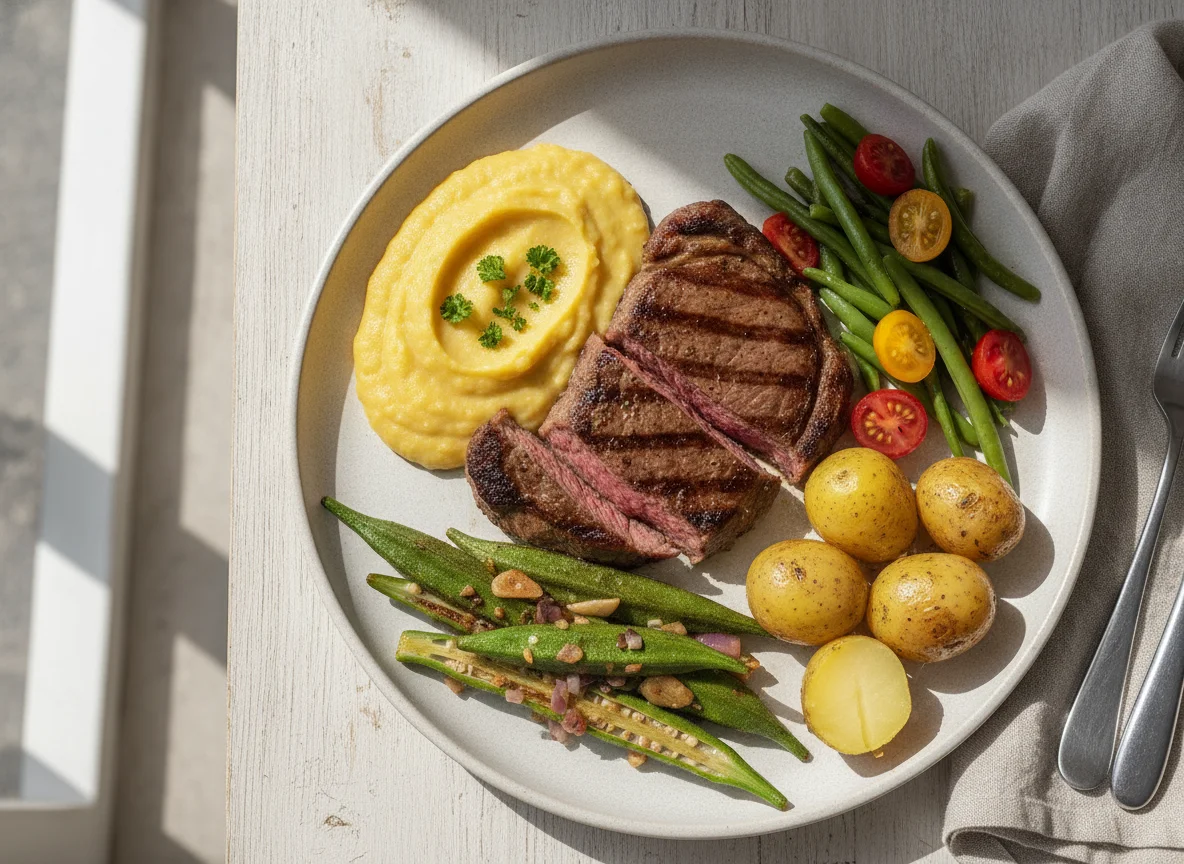 Prato feito com bife, purê de mandioquinha, quiabo, vagem e tomate photo