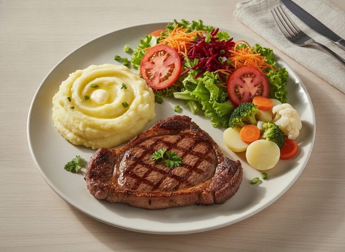 Prato Feito com Bife, Purê e Salada photo