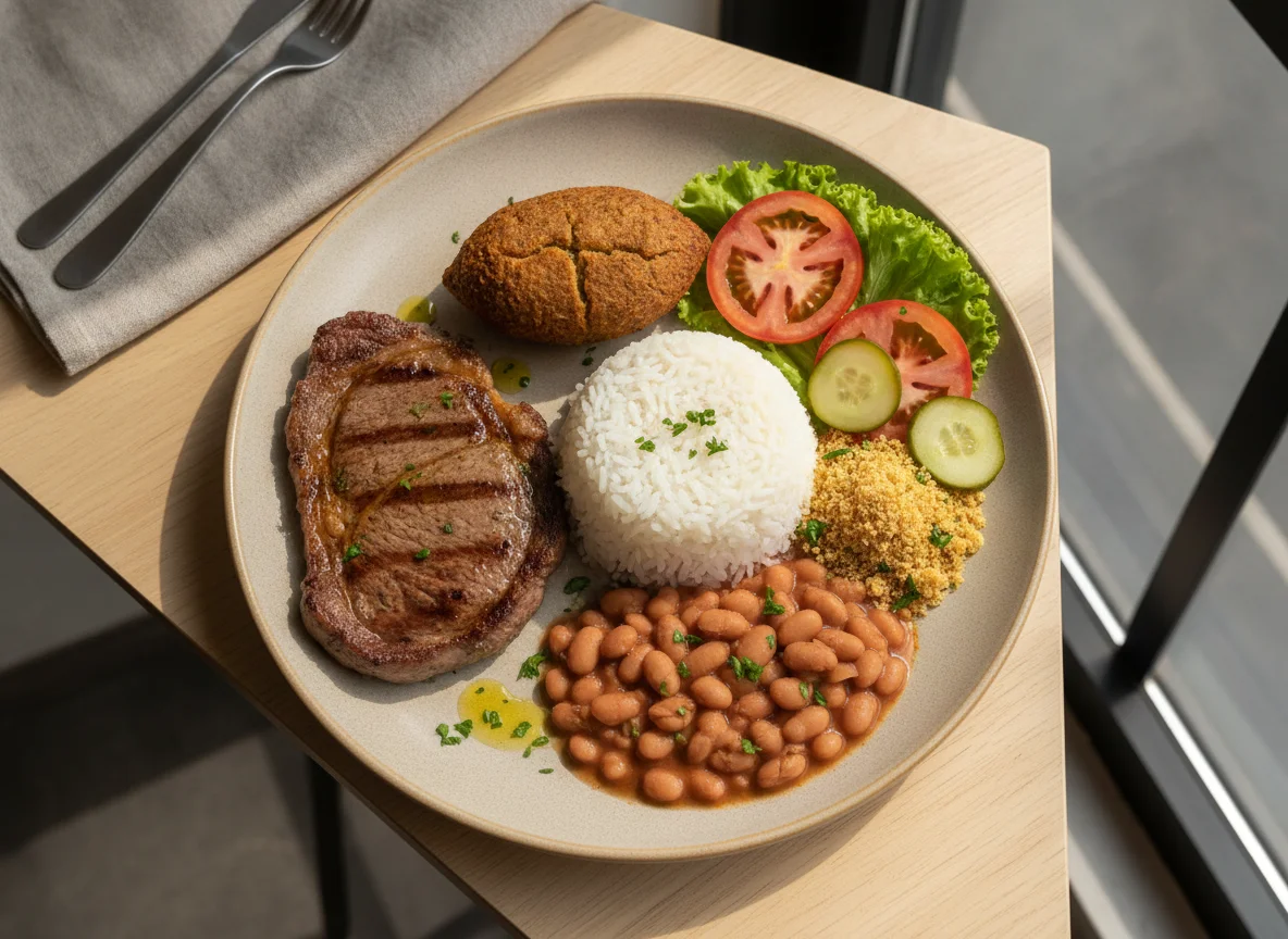 Prato Feito com Bife, Quibe de Forno e Salada photo