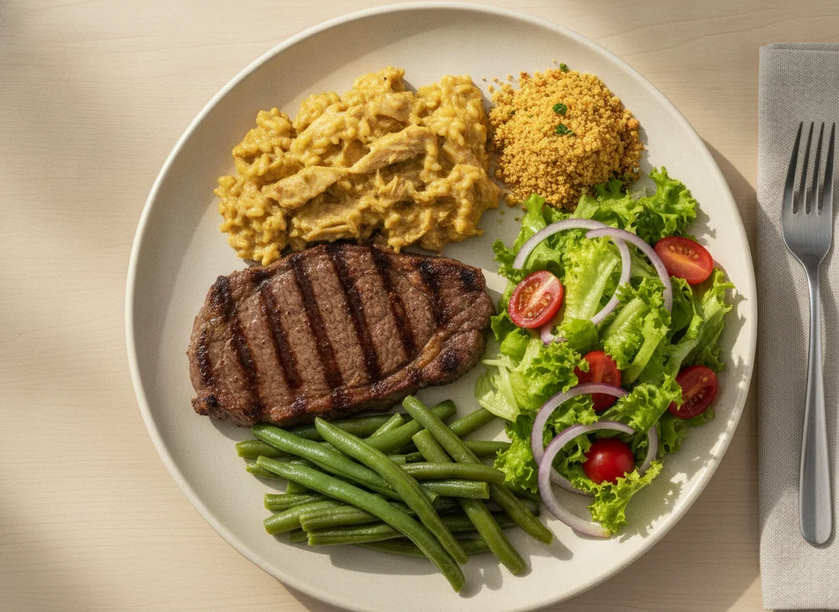 Prato feito com bife, risoto de frango, vagem e salada photo