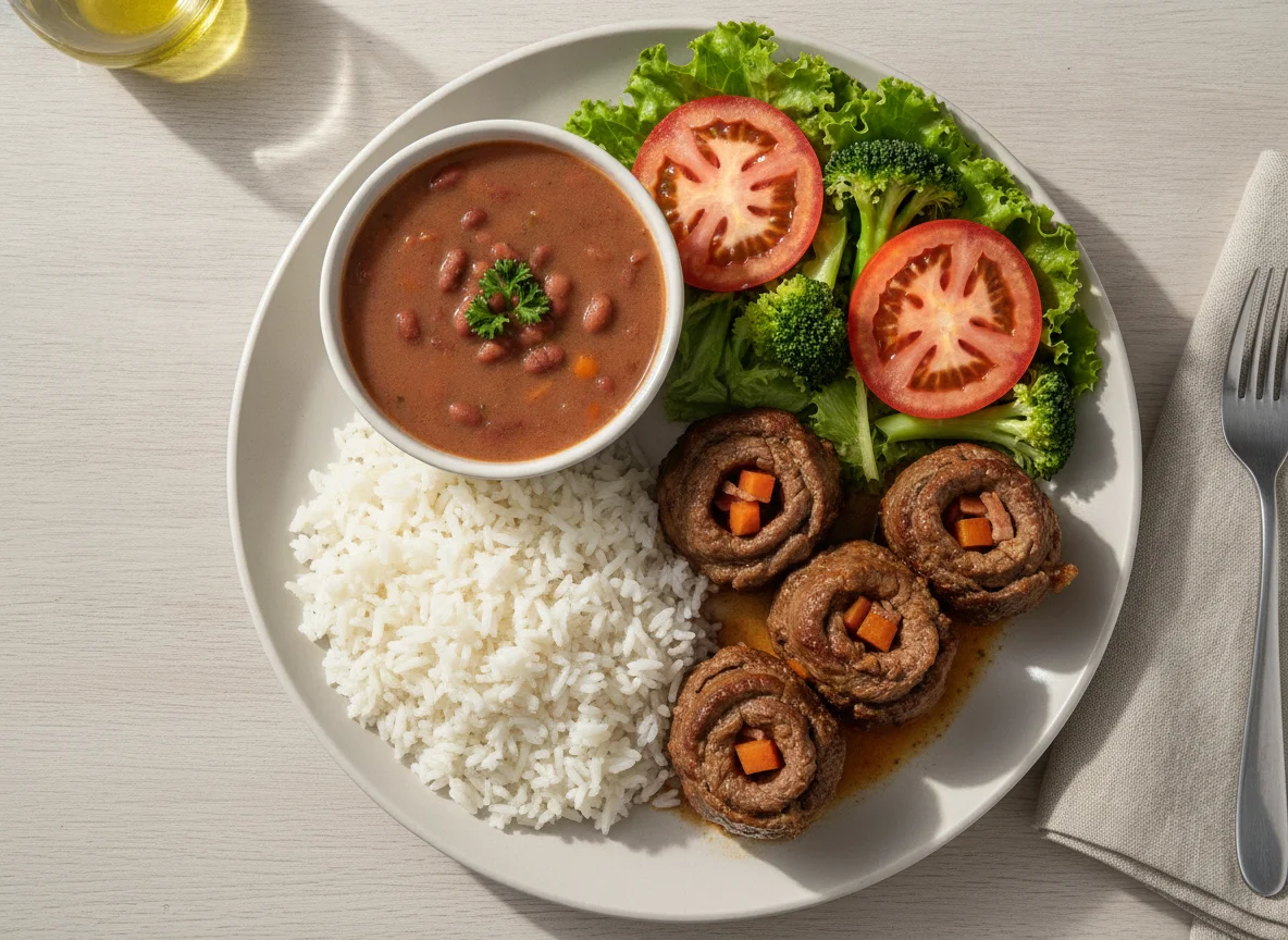 Prato Feito com Bife Rolê, Arroz, Feijão e Salada photo