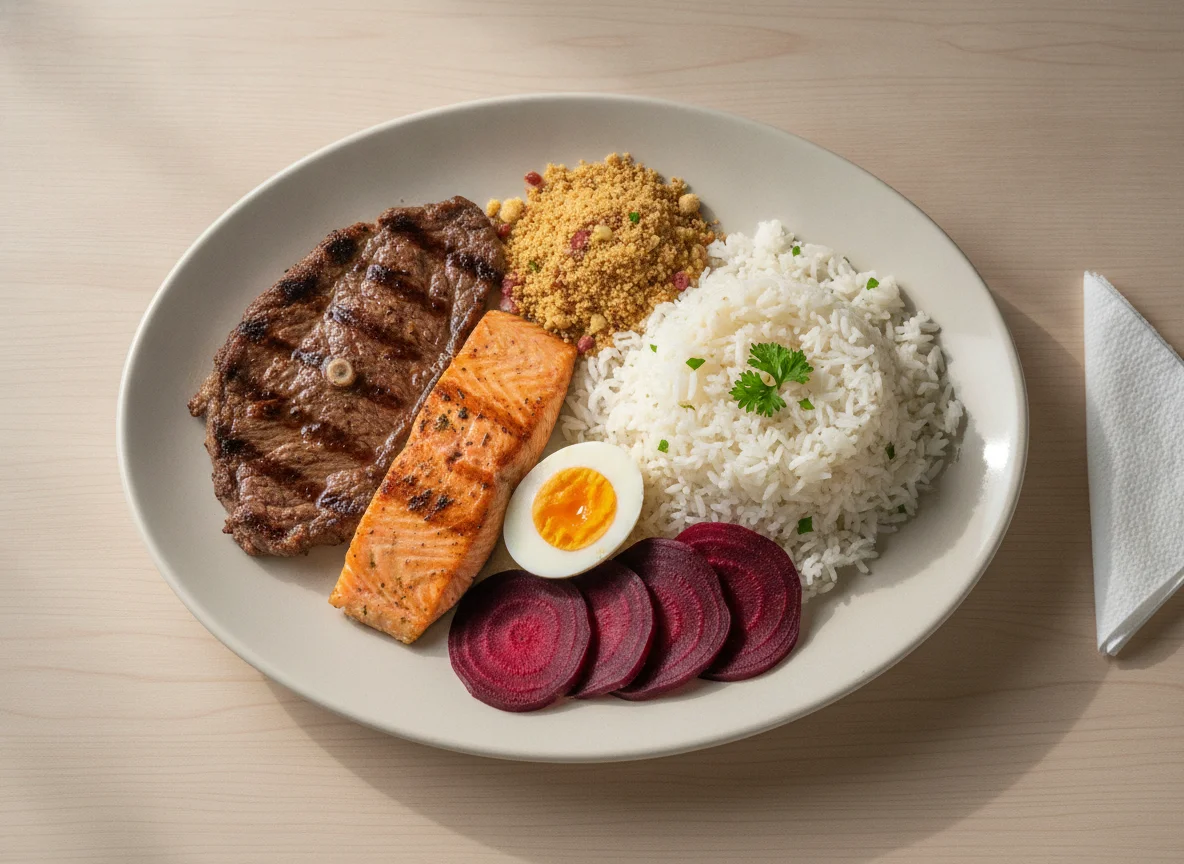 Prato Feito com Bife, Salmão, Arroz, Farofa, Beterraba e Ovo photo