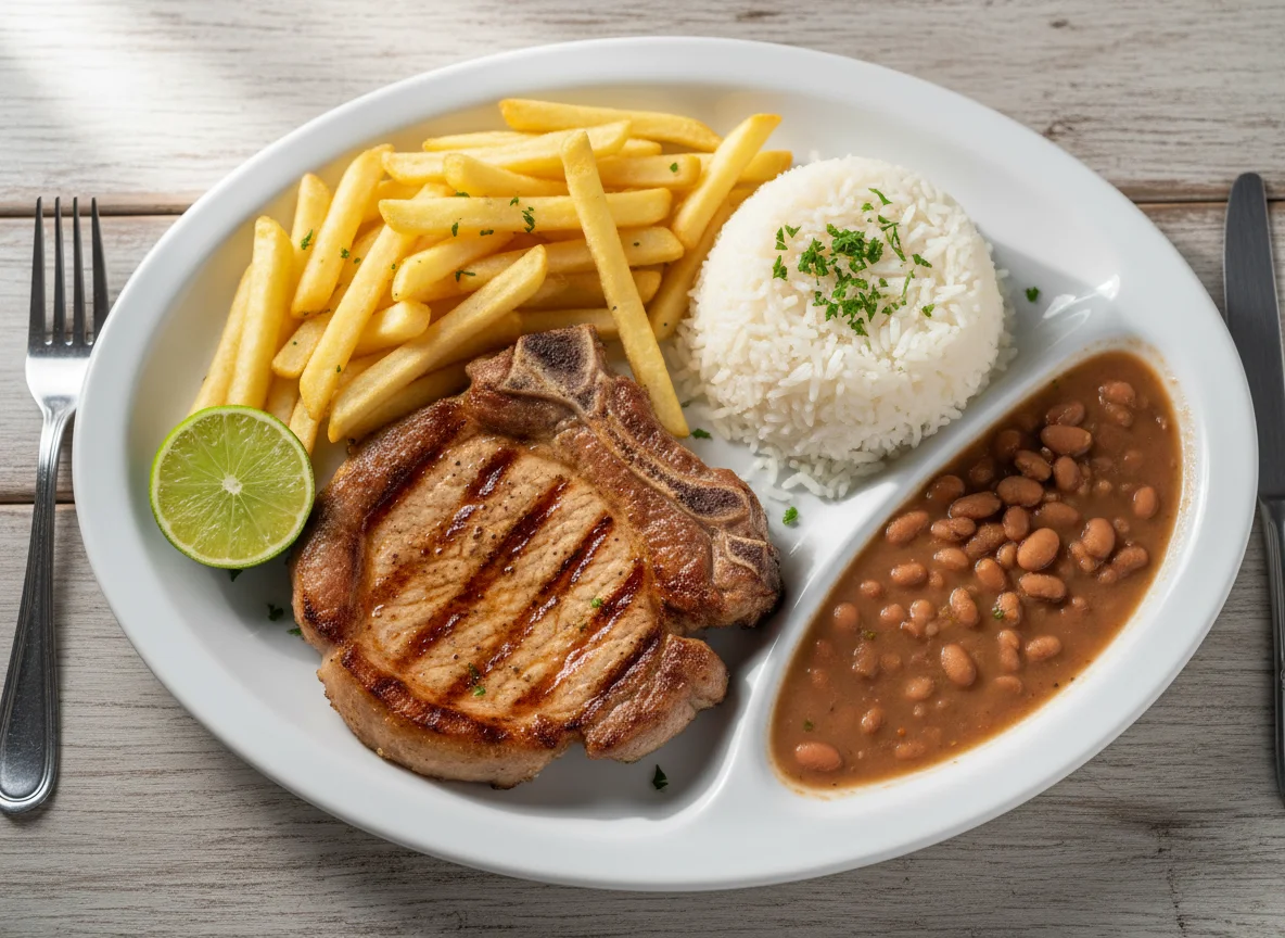 Prato feito com bisteca, arroz, feijão e batata frita photo