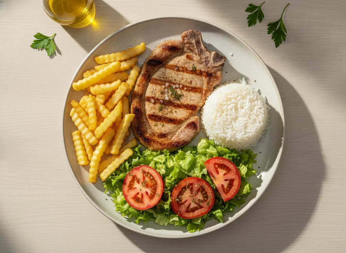 Prato Feito com Bisteca de Porco, Arroz, Batata Frita e Salada photo