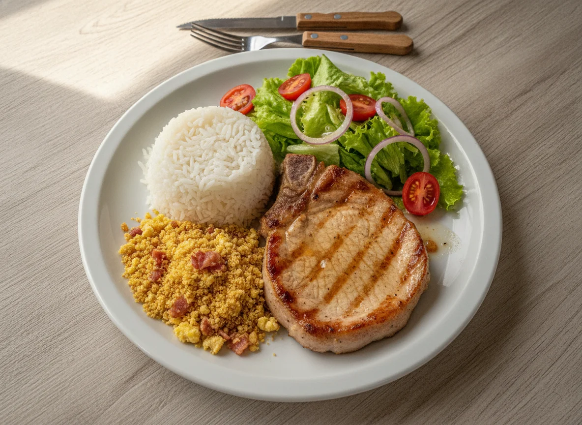 Prato Feito com Bisteca de Porco, Arroz, Farofa e Salada photo