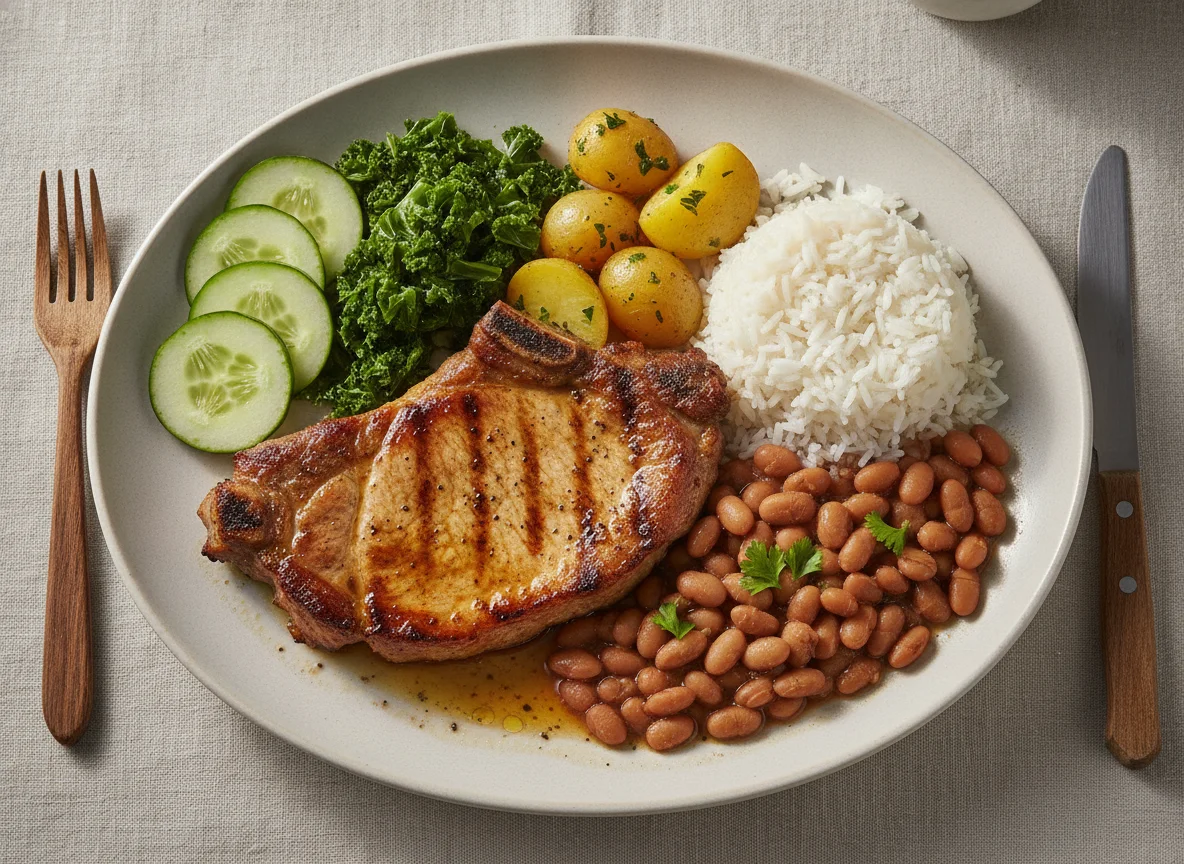 Prato feito com bisteca de porco, arroz, feijão, batatas e salada photo