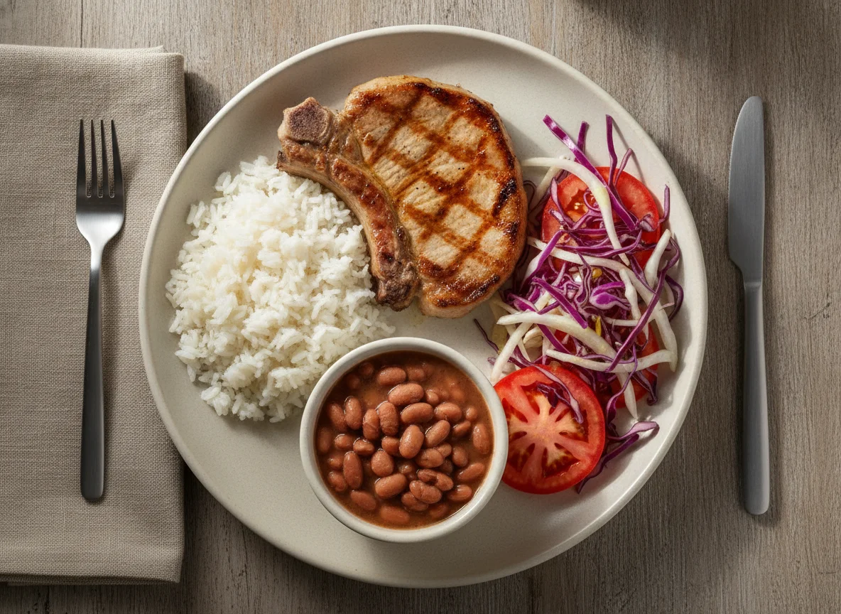 Prato Feito com Bisteca de Porco, Arroz, Feijão e Salada photo