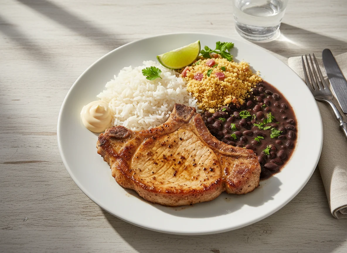 Prato feito com bisteca de porco, feijão, arroz e farofa photo