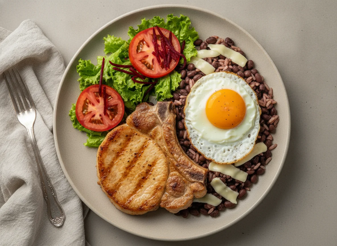 Prato Feito com Bisteca de Porco, Ovo e Salada photo