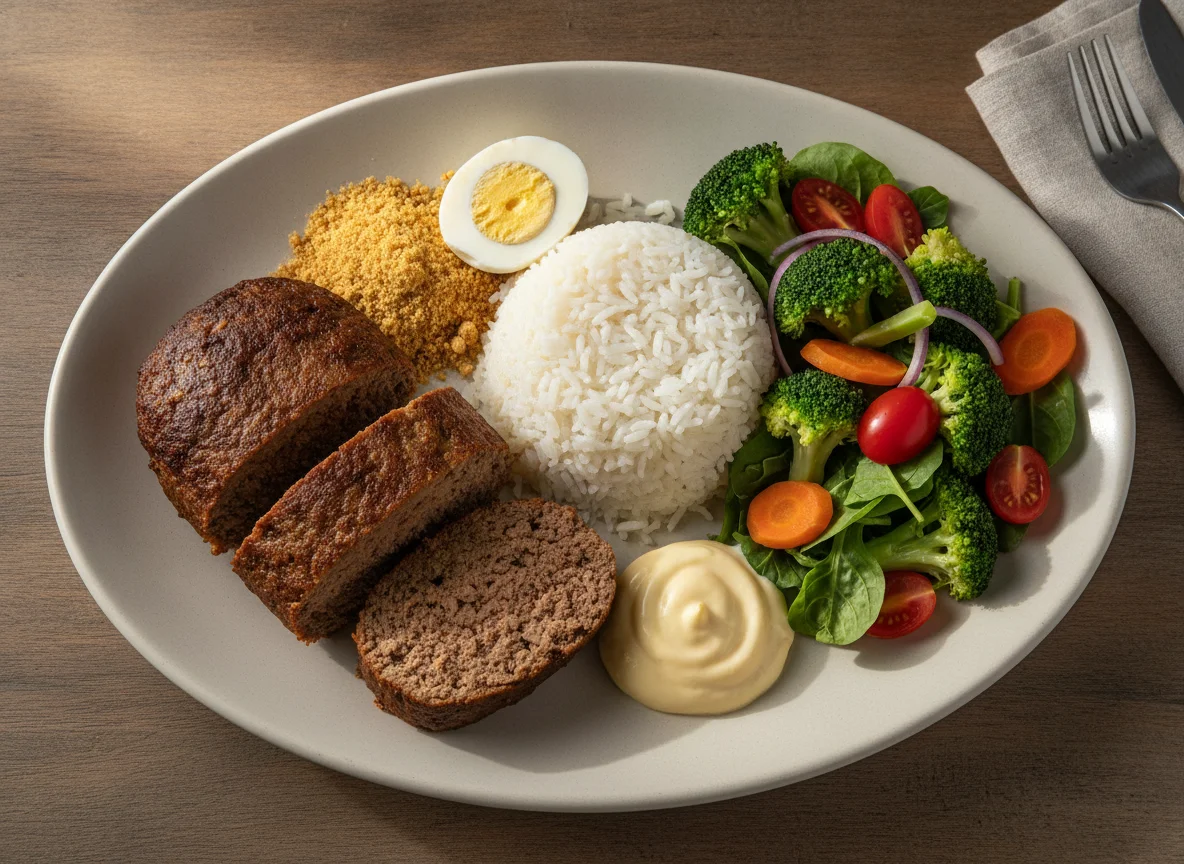 Prato Feito com Bolo de Carne, Arroz e Salada photo