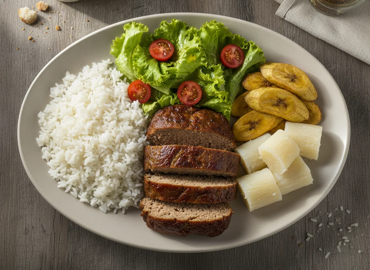Prato Feito com Bolo de Carne, Arroz, Mandioca, Banana e Salada photo