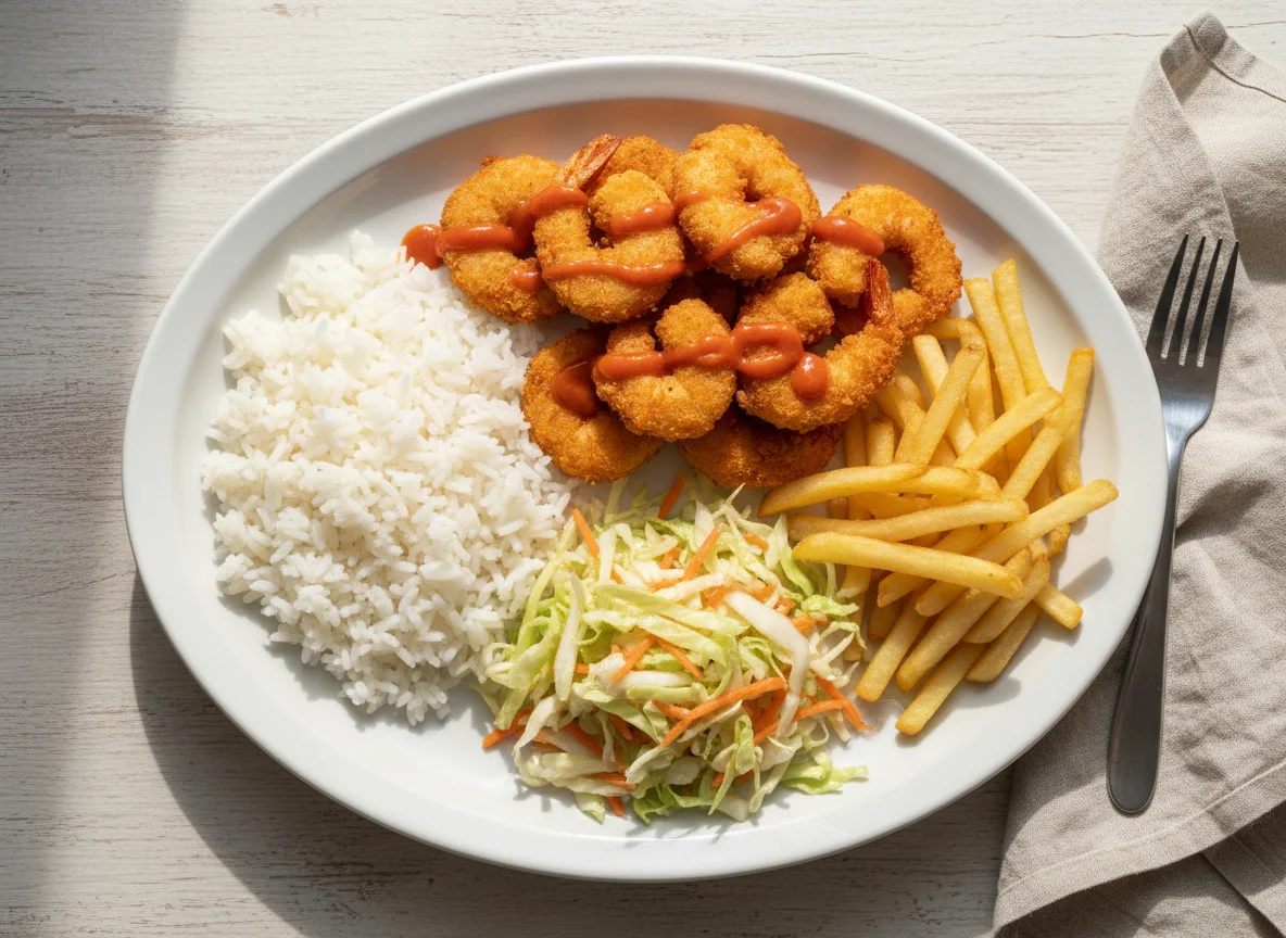 Prato feito com camarão empanado, arroz, batata frita e salada photo