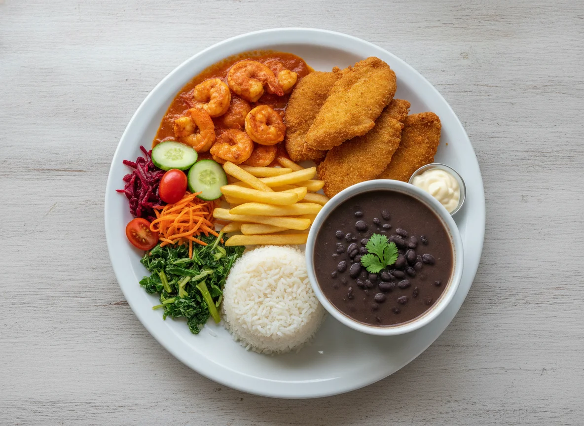 Prato Feito com Camarão, Peixe Empanado, Feijão e Salada photo