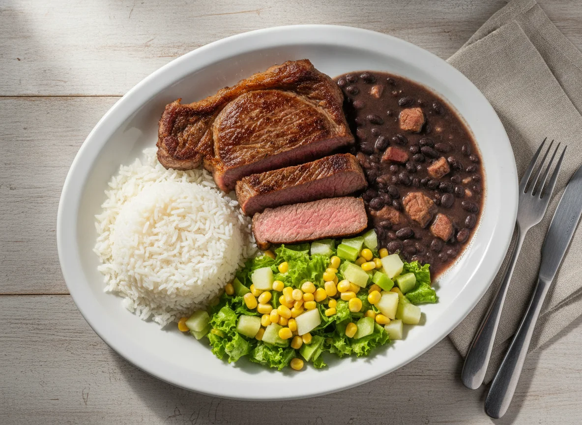 Prato feito com capa de contra filé, arroz, feijão e salada photo