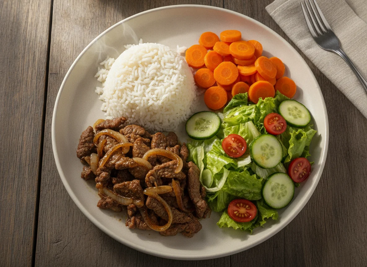 Prato feito com carne acebolada, arroz, cenoura e salada photo