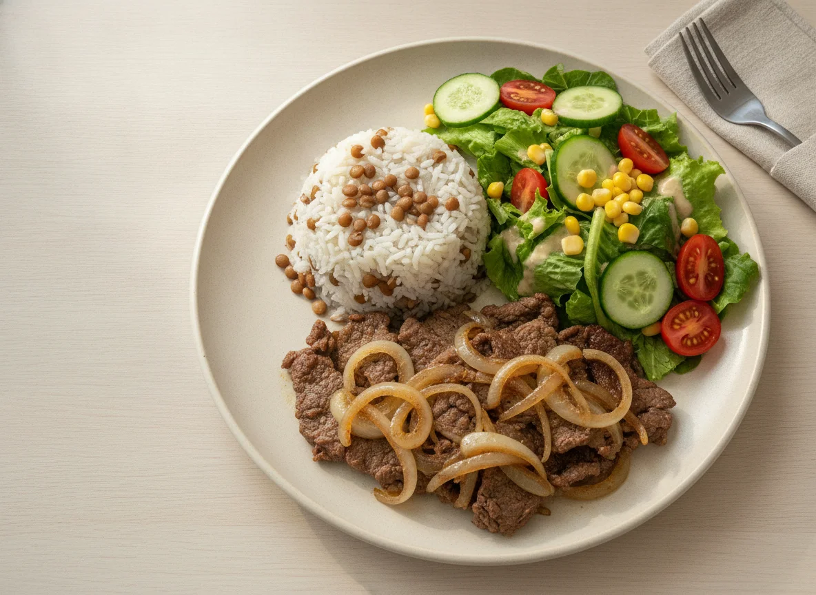 Prato feito com carne acebolada, arroz com lentilha e salada photo