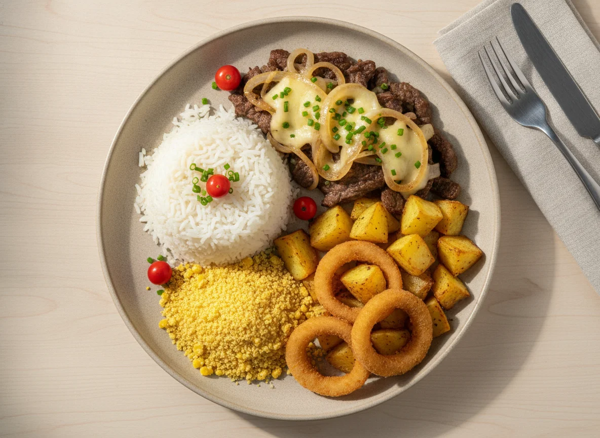 Prato feito com carne acebolada, arroz, farofa, batata rústica e anéis de cebola photo