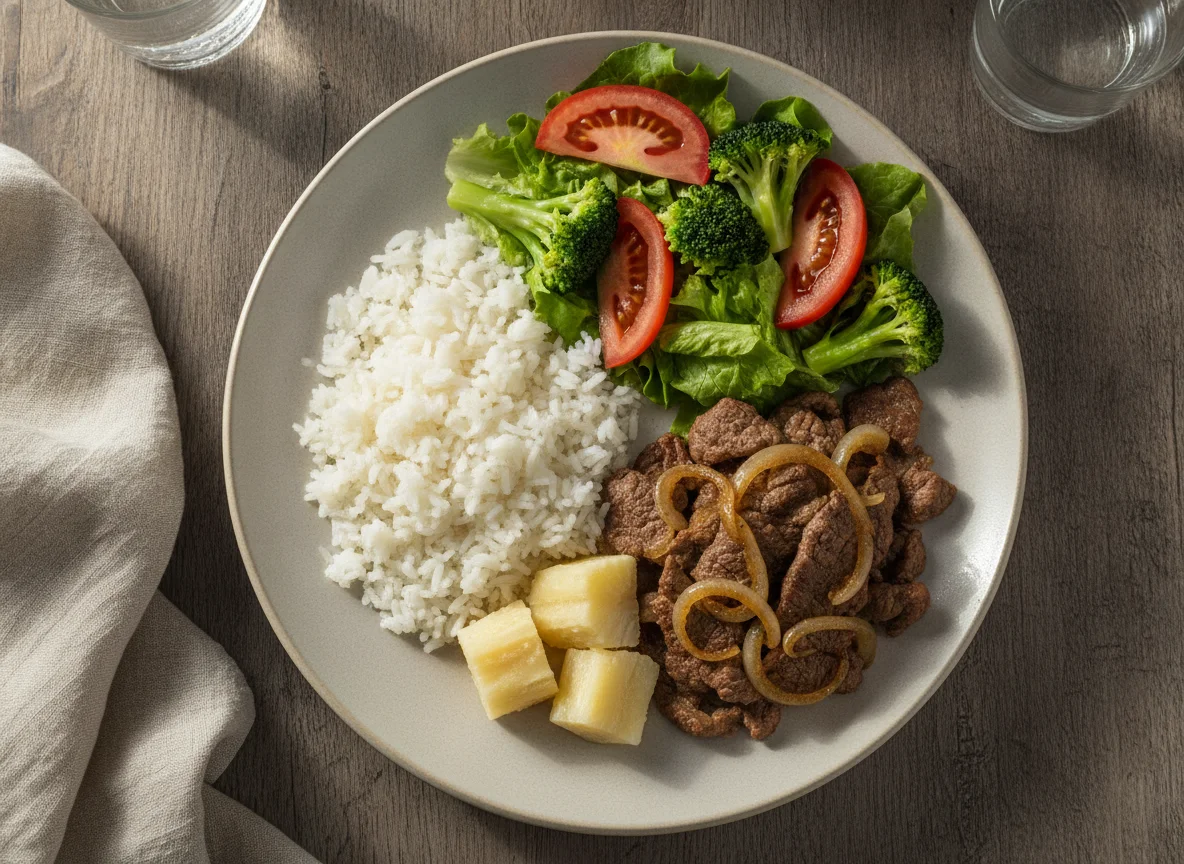Prato feito com carne acebolada, arroz, mandioca e salada photo