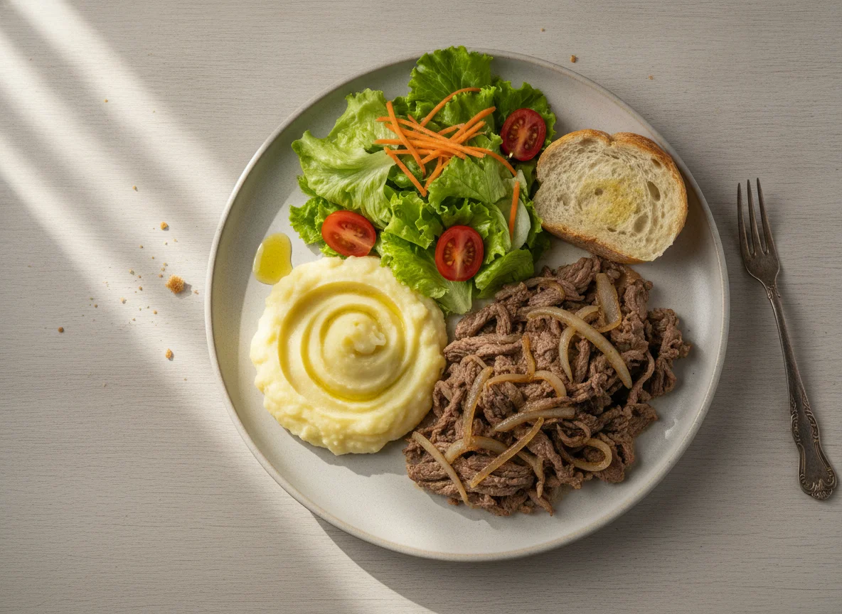 Prato feito com carne acebolada, purê de batata, salada e pão photo