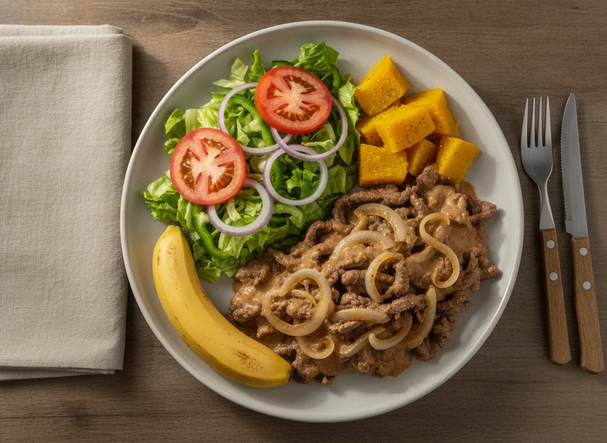 Prato feito com carne acebolada, salada mista, abóbora e banana photo