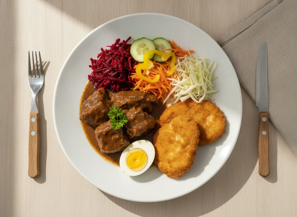 Prato Feito com Carne ao Molho, Frango Empanado, Ovo e Salada photo