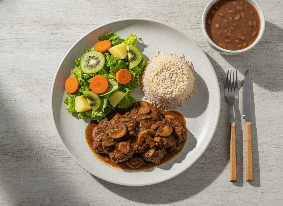 Prato feito com carne ao molho madeira, arroz, feijão e salada photo