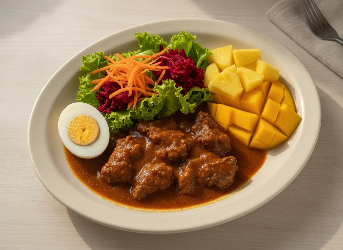 Prato feito com carne ao molho, ovo cozido, salada e frutas photo