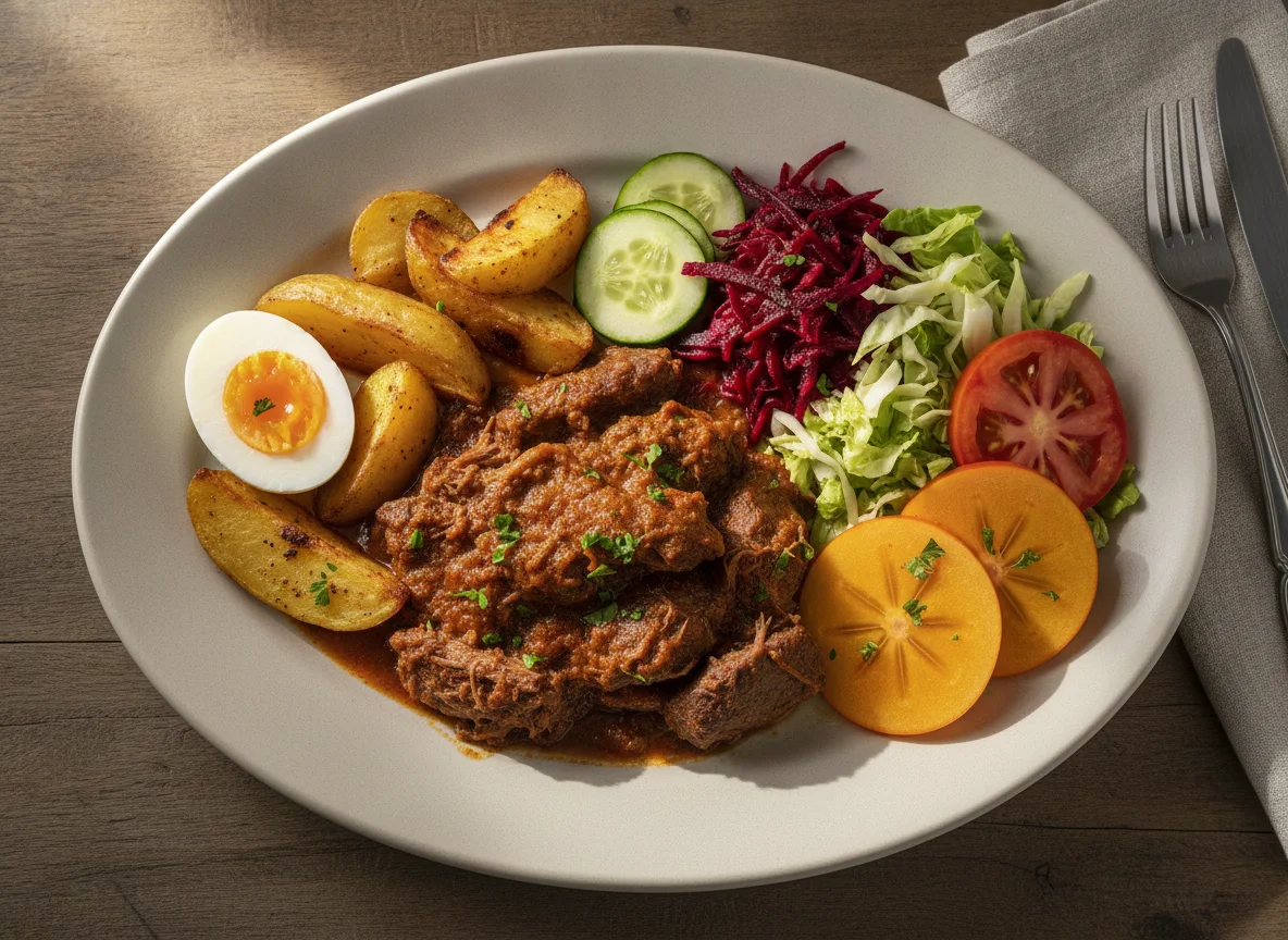 Prato Feito com Carne ao Molho, Ovo e Salada photo