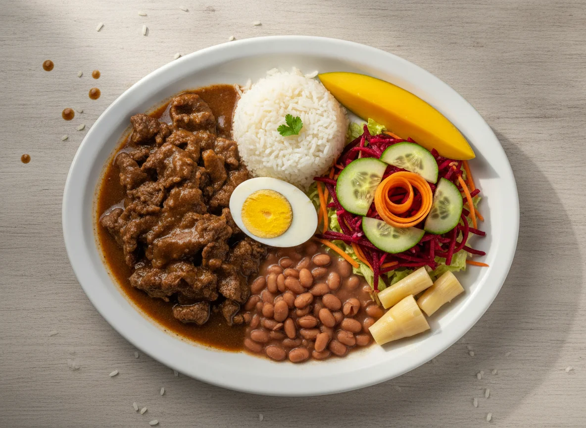 Prato feito com carne ao molho, ovo, salada e acompanhamentos photo