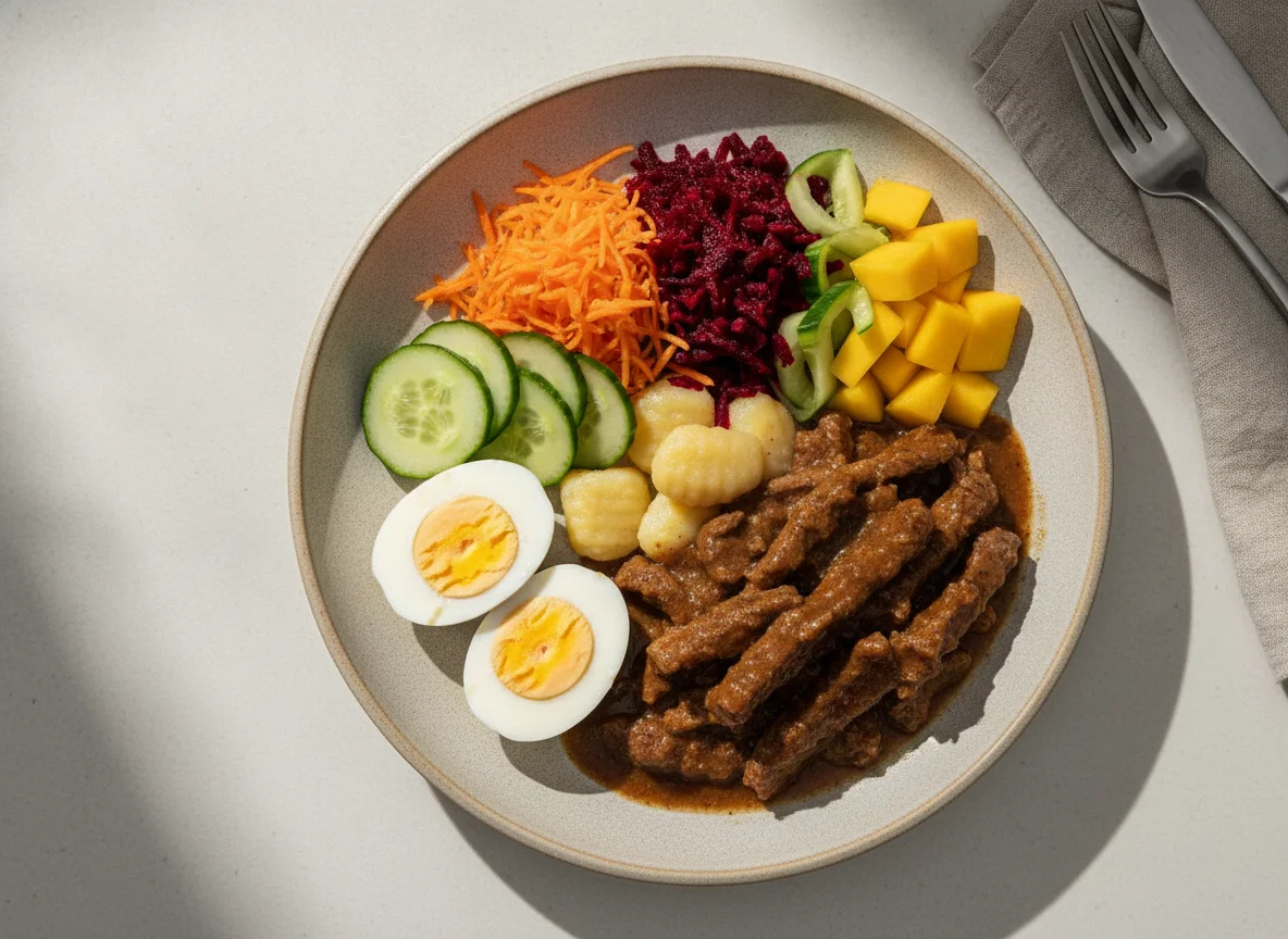 Prato feito com carne ao molho, salada e ovo photo