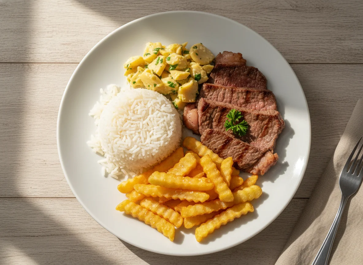 Prato feito com carne, arroz, batata e palmito photo