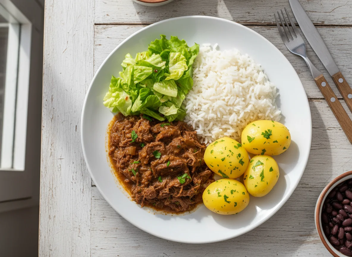 Prato feito com carne, arroz, batata e salada photo