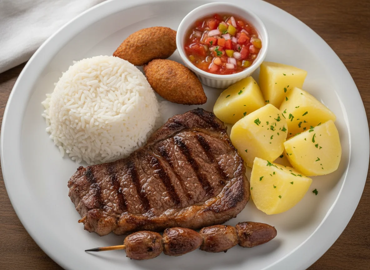 Prato Feito com Carne, Arroz, Batata e Vinagrete photo