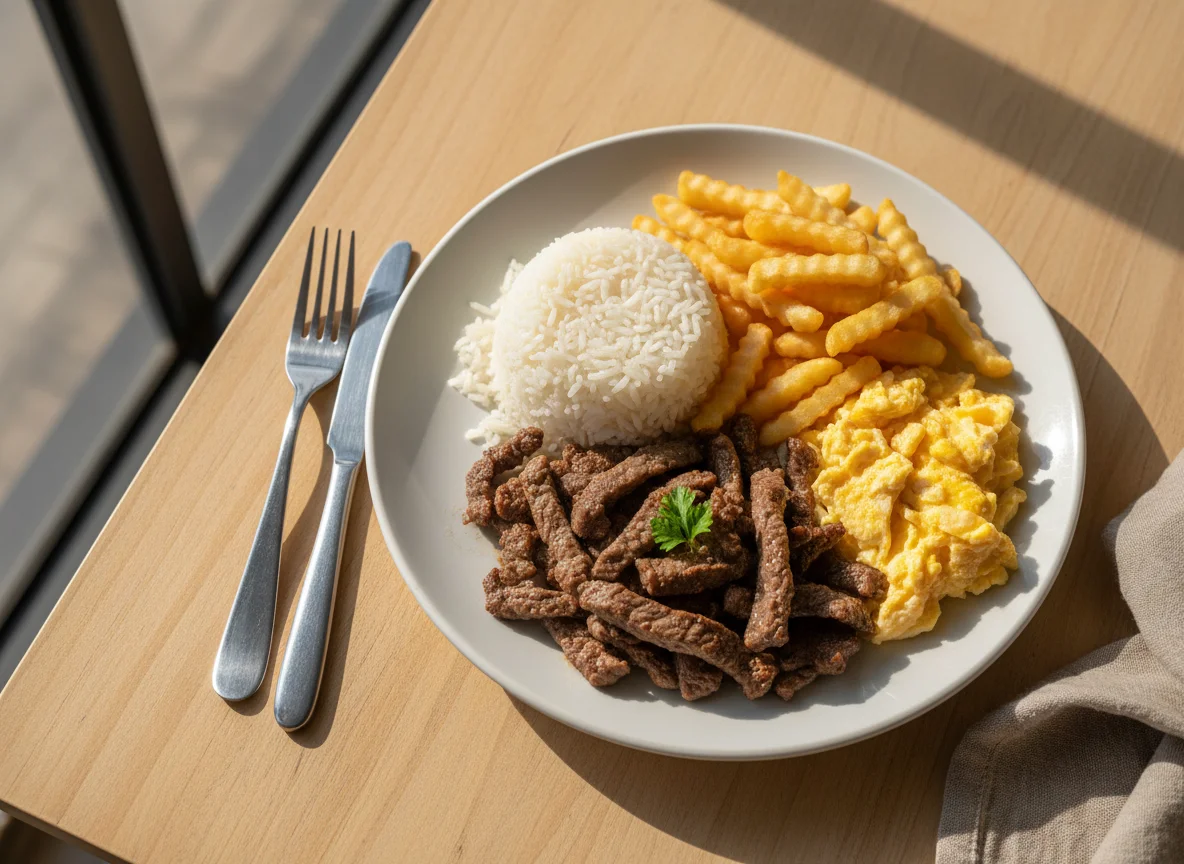 Prato feito com carne, arroz, batata frita e ovo mexido photo