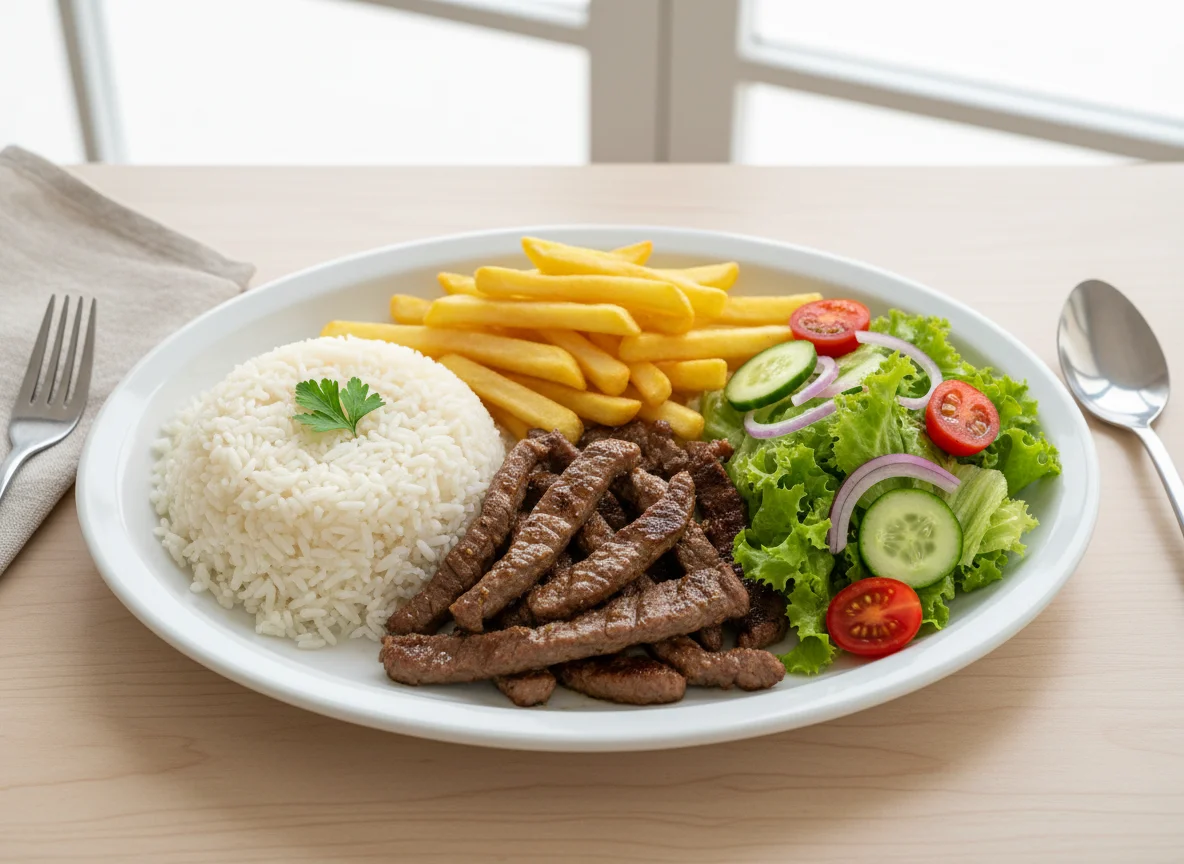 Prato feito com carne, arroz, batata frita e salada photo