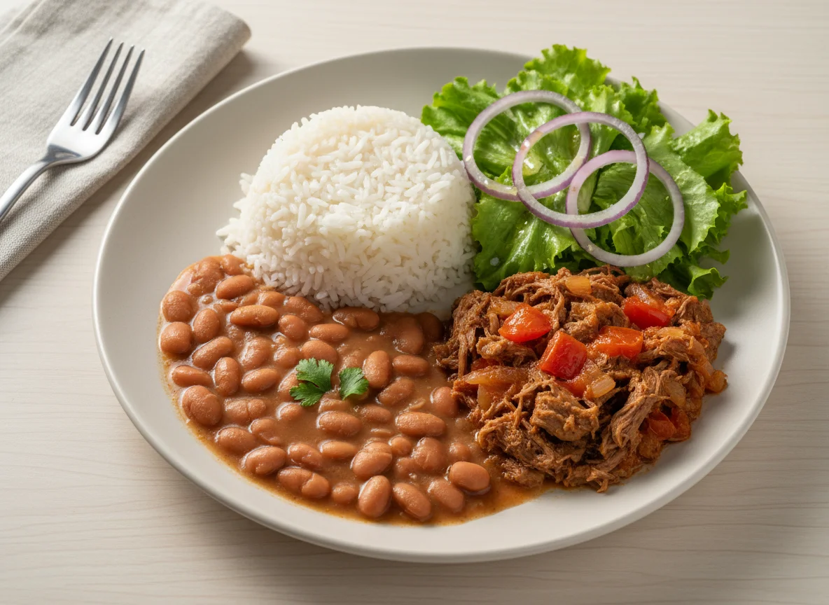 Prato feito com carne, arroz e feijão, e salada de alface com cebola roxa photo