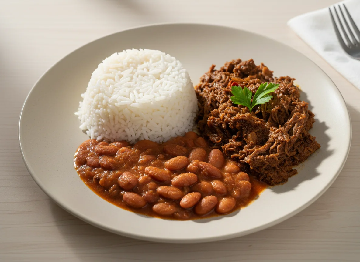 Prato feito com carne, arroz e feijão photo