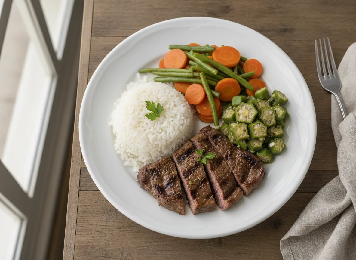 Prato feito com carne, arroz e legumes photo