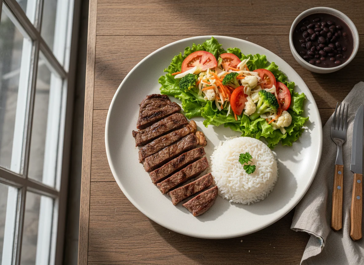 Prato feito com carne, arroz e salada photo