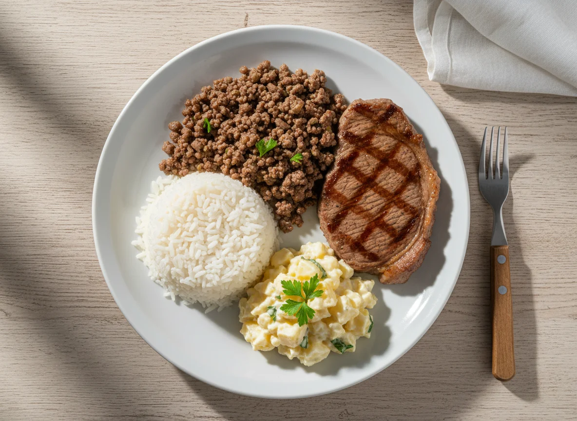 Prato feito com carne, arroz e salada de maionese photo