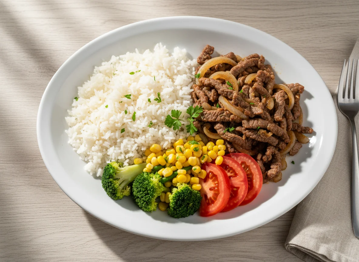 Prato feito com carne, arroz e vegetais photo